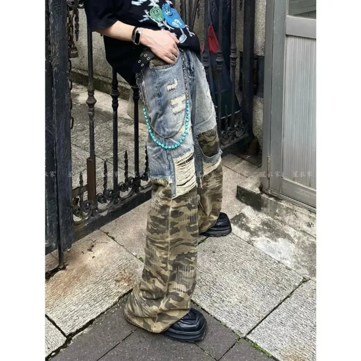 Y2K Camouflage Patchwork Wide Leg Jeans - Bottoms - Jeans - 3