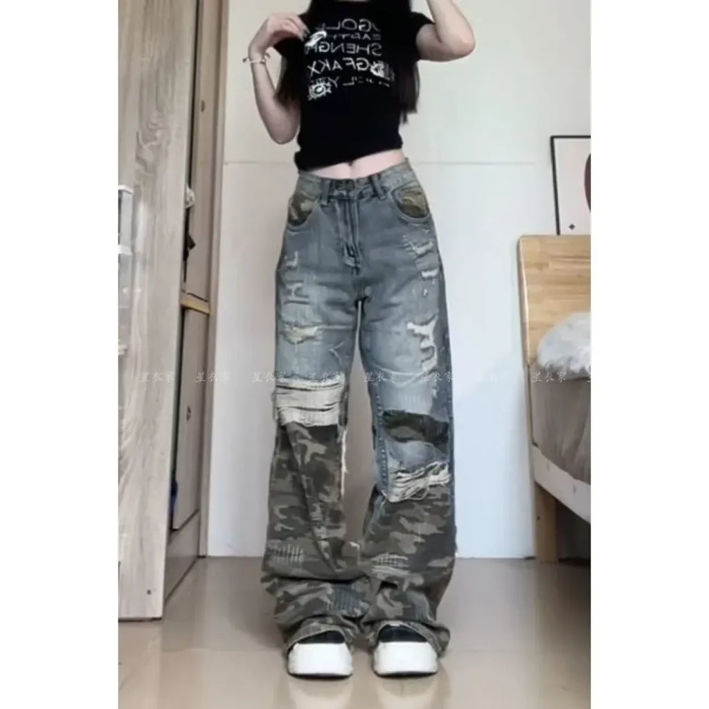 Y2K Camouflage Patchwork Wide Leg Jeans - Bottoms - Jeans - 5