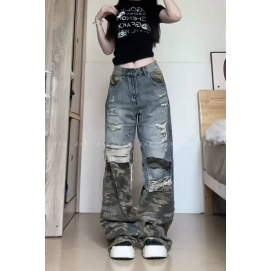 Y2K Camouflage Patchwork Wide Leg Jeans - Bottoms - Jeans - 5