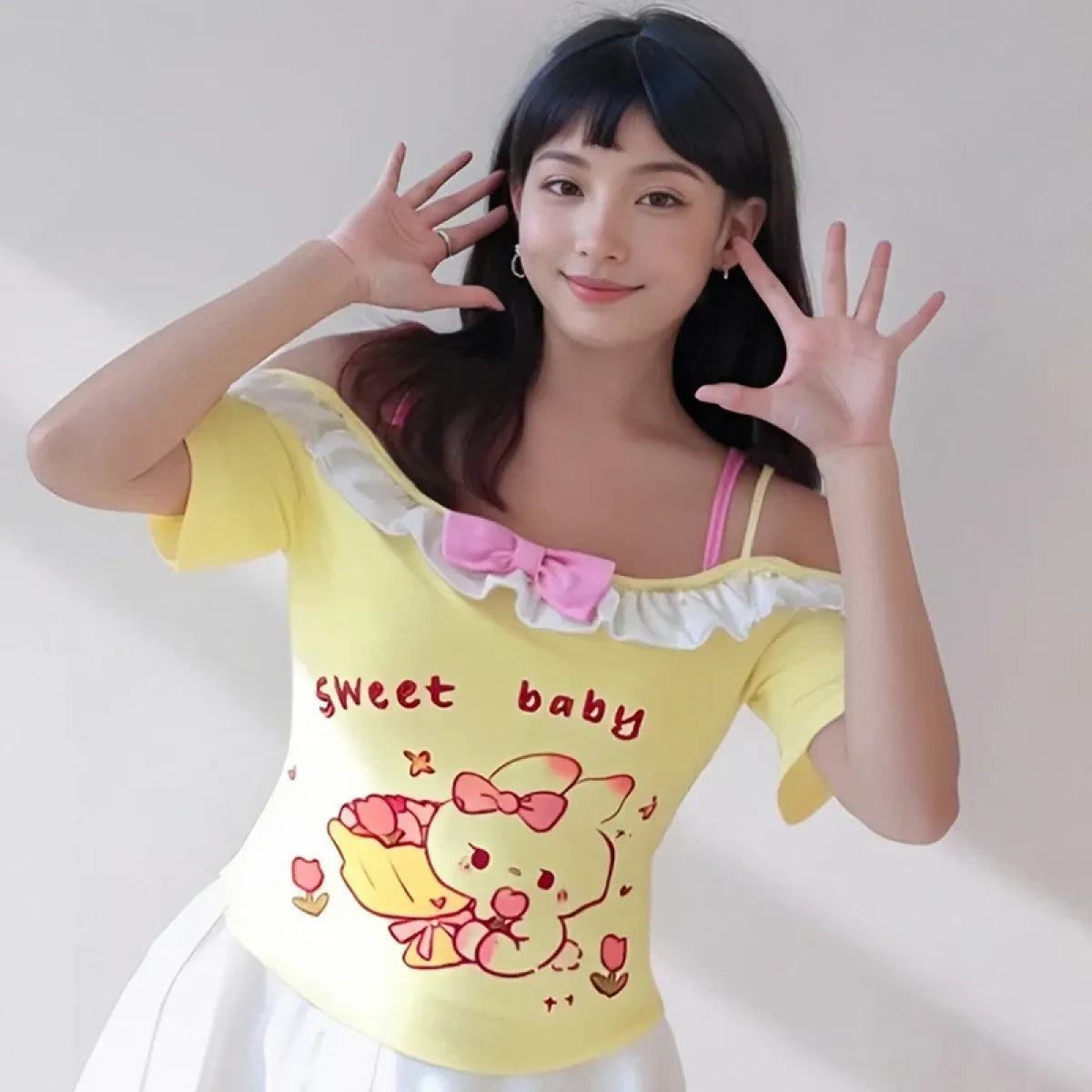 Kawaii Off-Shoulder Top – Ruffle Trim & Bunny Print - T-Shirts - Short - Off-Shoulder - T-Shirts - 1