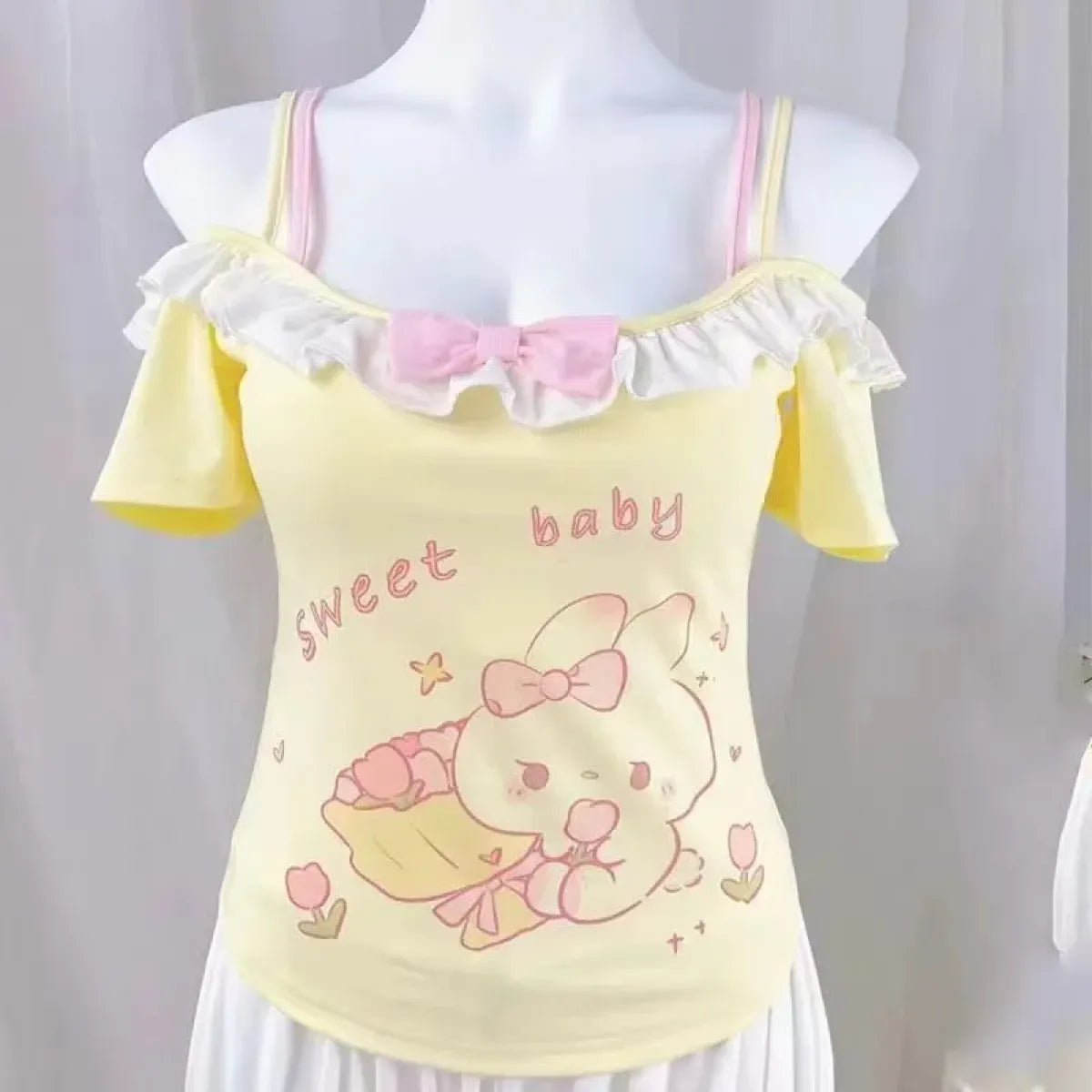 Kawaii Off-Shoulder Top – Ruffle Trim & Bunny Print - Best Sellers - Short - Off-Shoulder - T-Shirts - 8