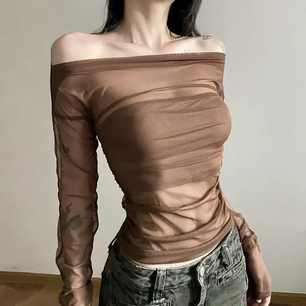 Deeptown Sexy Off Shoulder Mesh T-shirts Women See Through Crop Tops Y2k Clubwear Coquette Backless Tees Grunge Korean