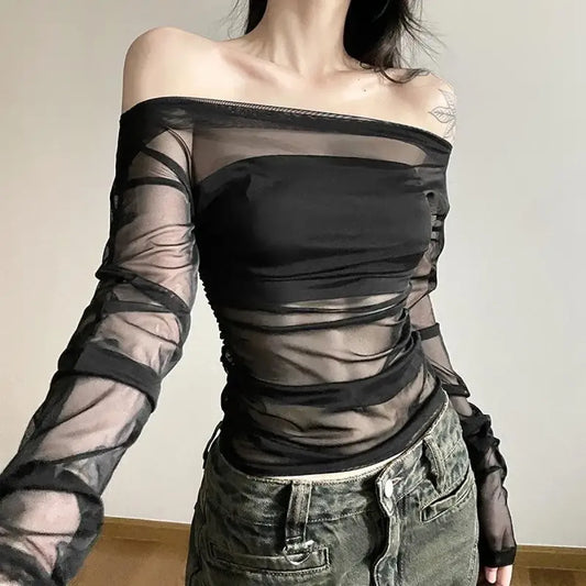 Deeptown Sexy Off Shoulder Mesh T-shirts Women See Through Crop Tops Y2k Clubwear Coquette Backless Tees Grunge Korean