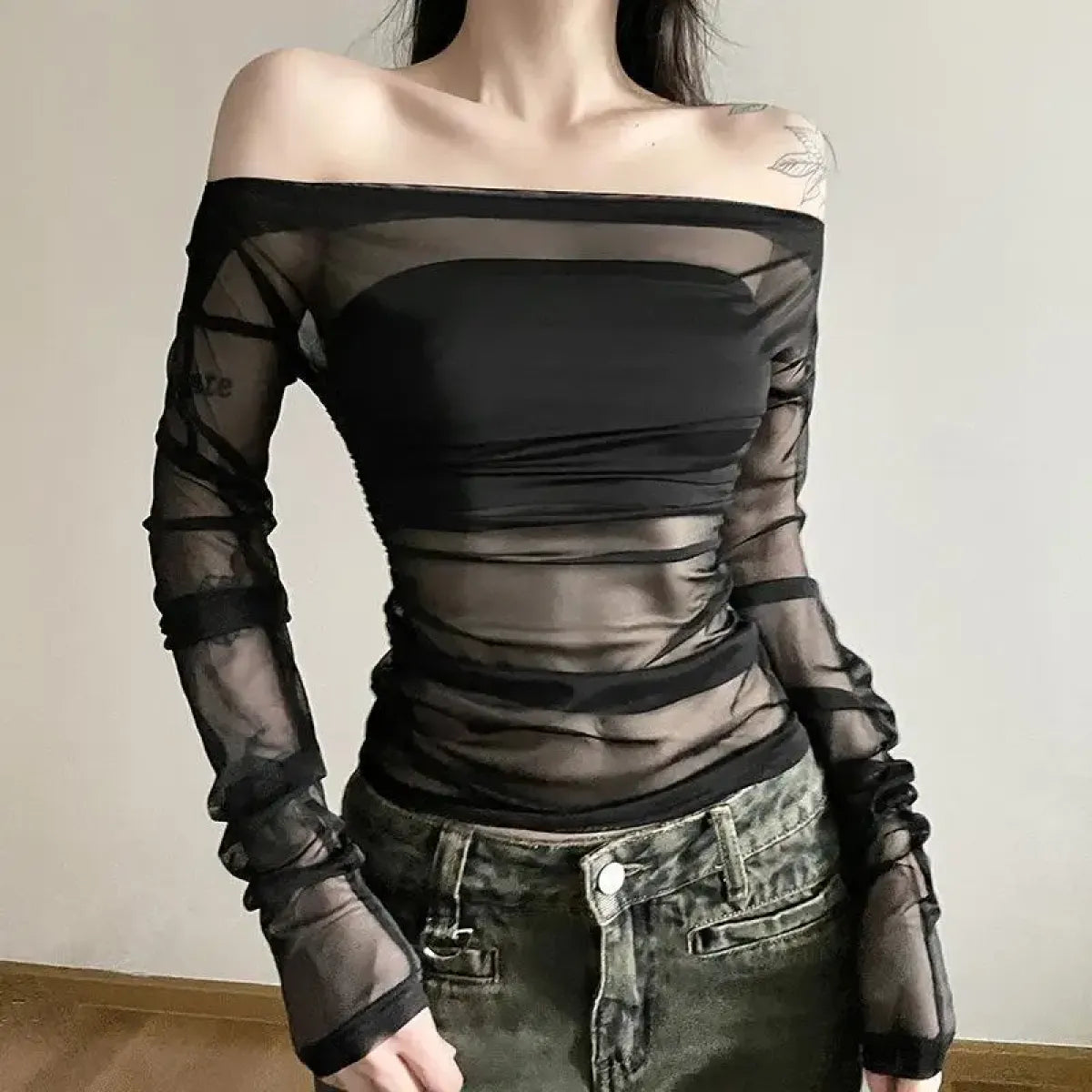Deeptown Sexy Off Shoulder Mesh T-shirts Women See Through Crop Tops Y2k Clubwear Coquette Backless Tees Grunge Korean