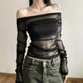 Deeptown Sexy Off Shoulder Mesh T-shirts Women See Through Crop Tops Y2k Clubwear Coquette Backless Tees Grunge Korean