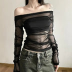 Deeptown Sexy Off Shoulder Mesh T-shirts Women See Through Crop Tops Y2k Clubwear Coquette Backless Tees Grunge Korean
