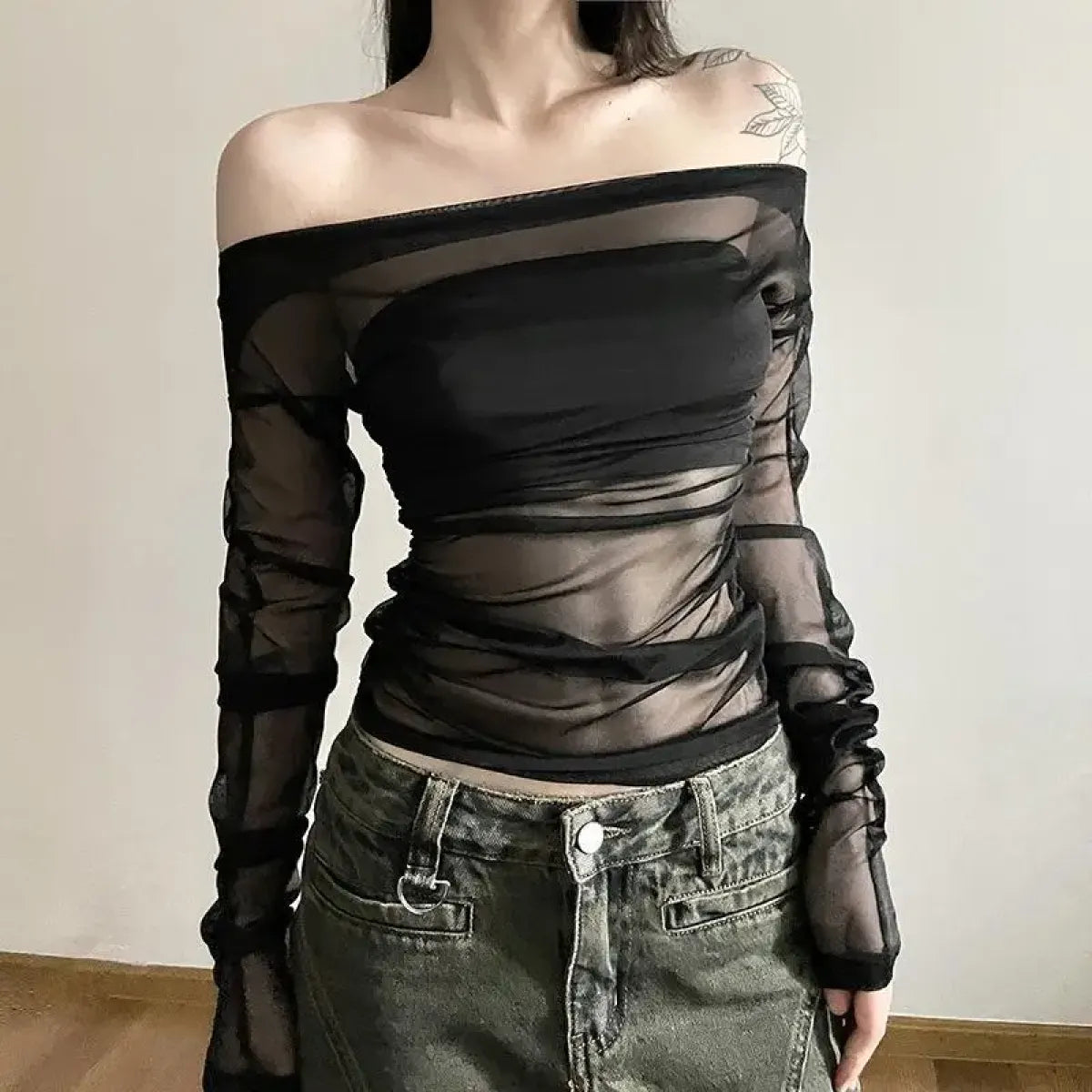 Deeptown Sexy Off Shoulder Mesh T-shirts Women See Through Crop Tops Y2k Clubwear Coquette Backless Tees Grunge Korean