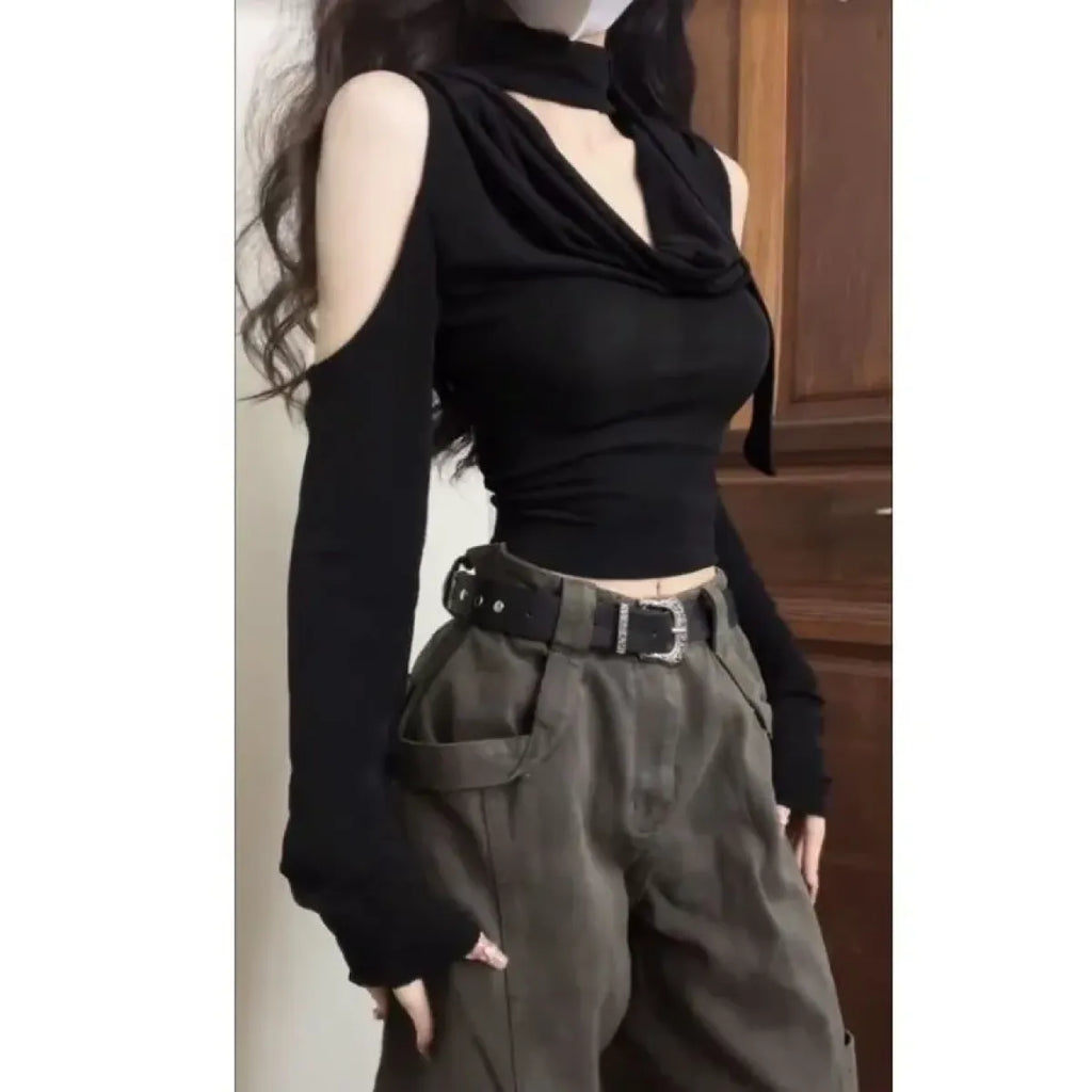 Y2K Black Cold Shoulder Halter Top - Harajuku Style - Crop Top - 1
