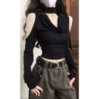 Y2K Black Cold Shoulder Halter Top - Harajuku Style - Crop Top - 2
