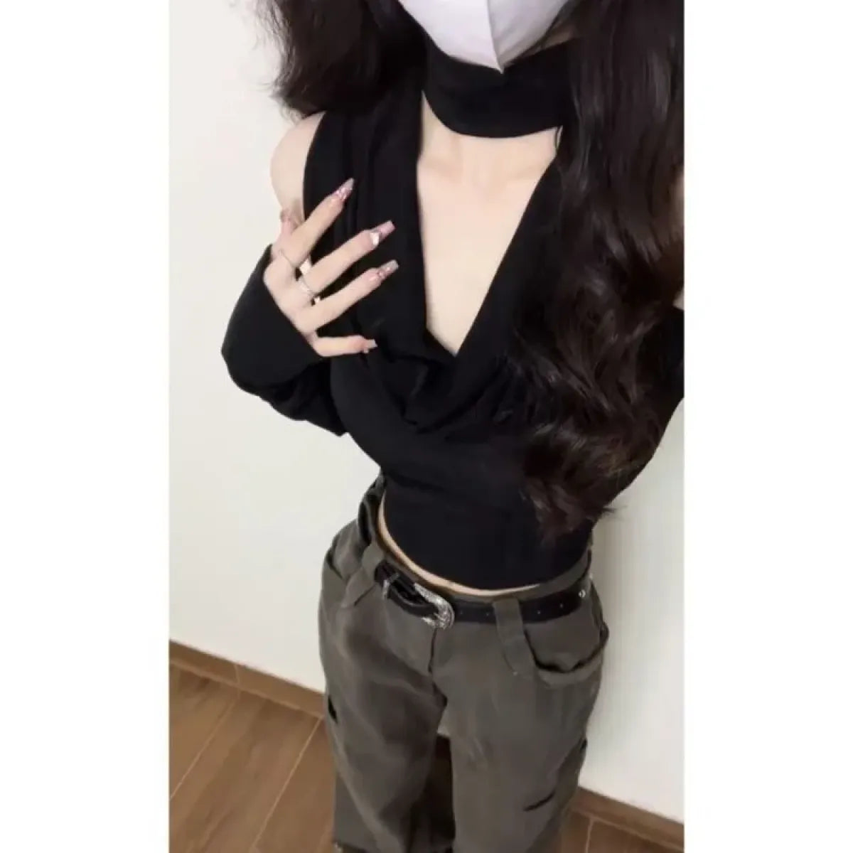Y2K Black Cold Shoulder Halter Top - Harajuku Style - Crop Top - 5