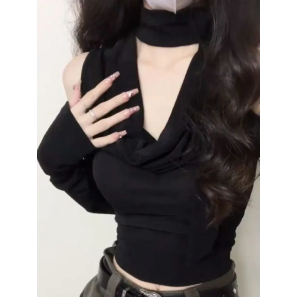 Y2K Black Cold Shoulder Halter Top - Harajuku Style - Crop Top - 6