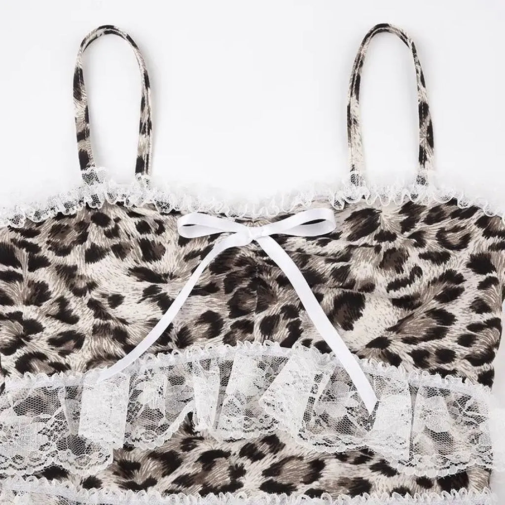 Leopard Print Lace Ruffle Tank Top – Y2K Coquette Cropped Camisole - Women’s Clothing & Accessories - Short