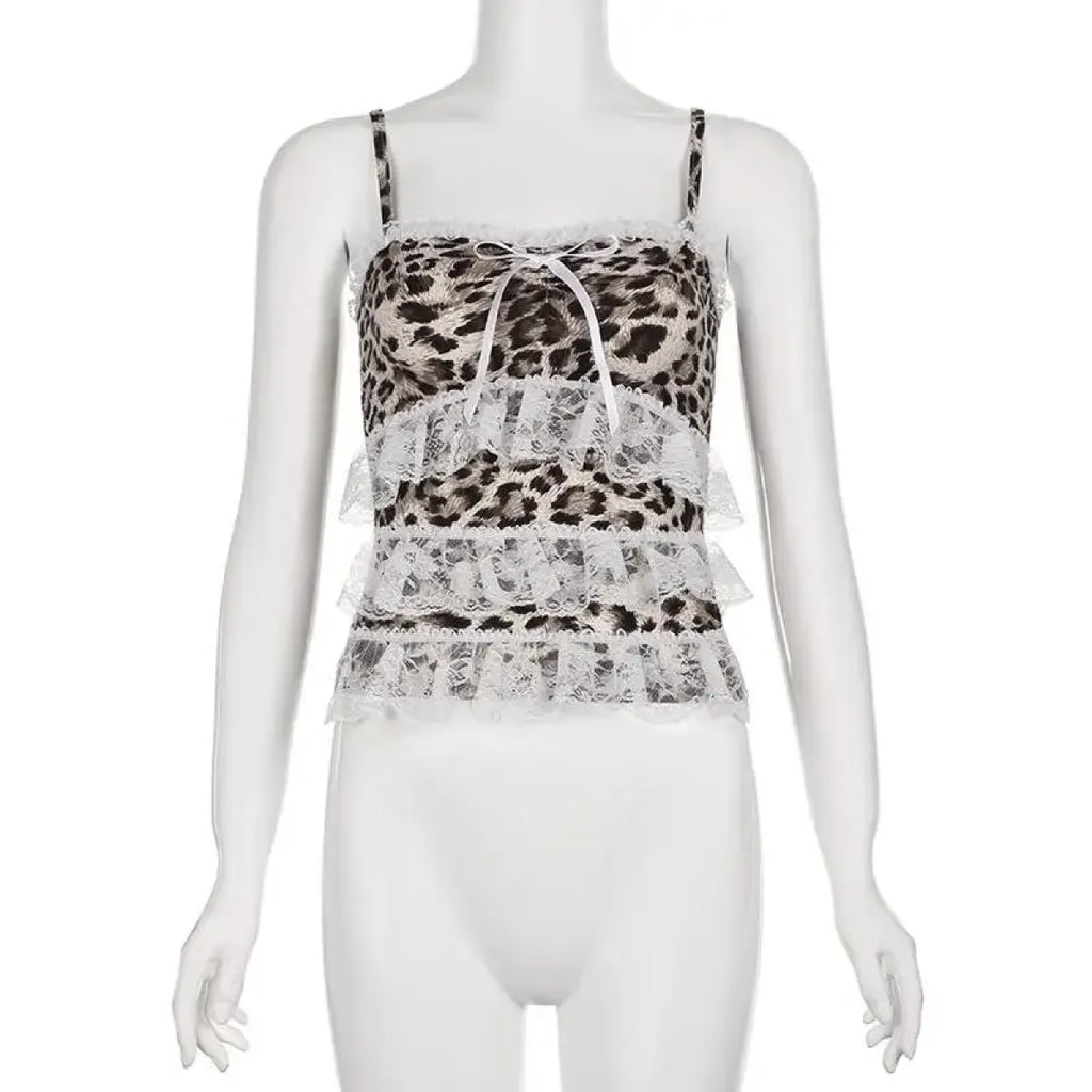 Leopard Print Lace Ruffle Tank Top – Y2K Coquette Cropped Camisole - Women’s Clothing & Accessories - Short