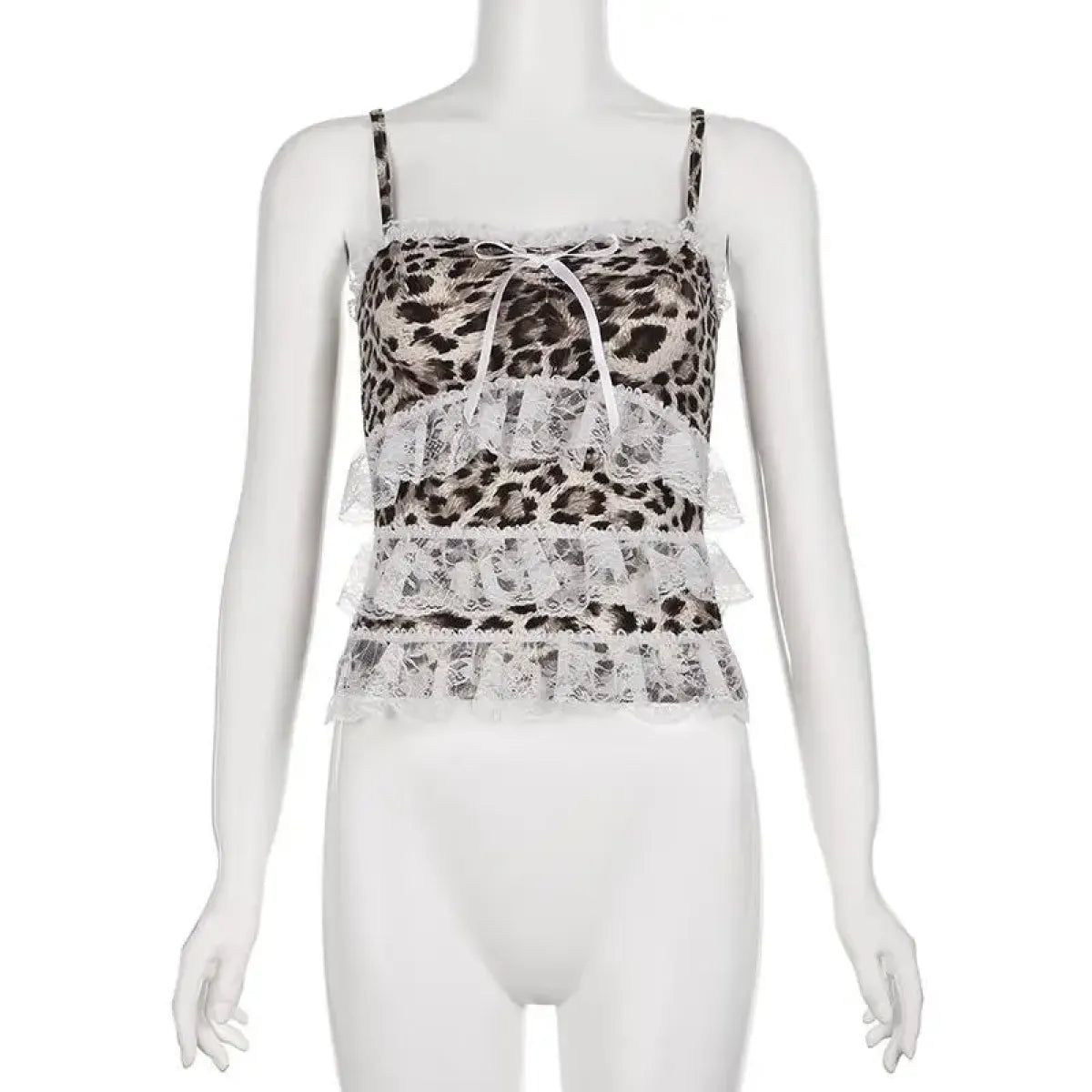 Leopard Print Lace Ruffle Tank Top – Y2K Coquette Cropped Camisole - Women’s Clothing & Accessories - Short