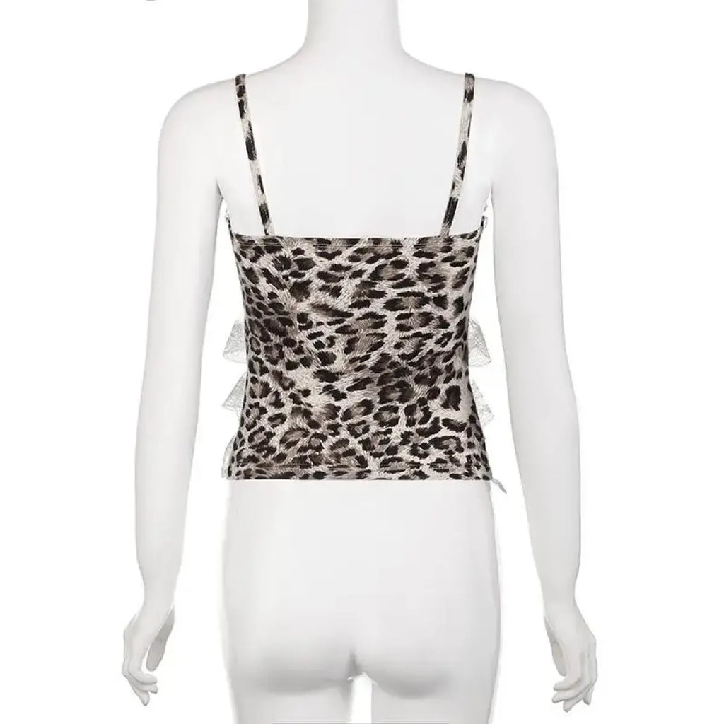 Leopard Print Lace Ruffle Tank Top – Y2K Coquette Cropped Camisole - Women’s Clothing & Accessories - Short