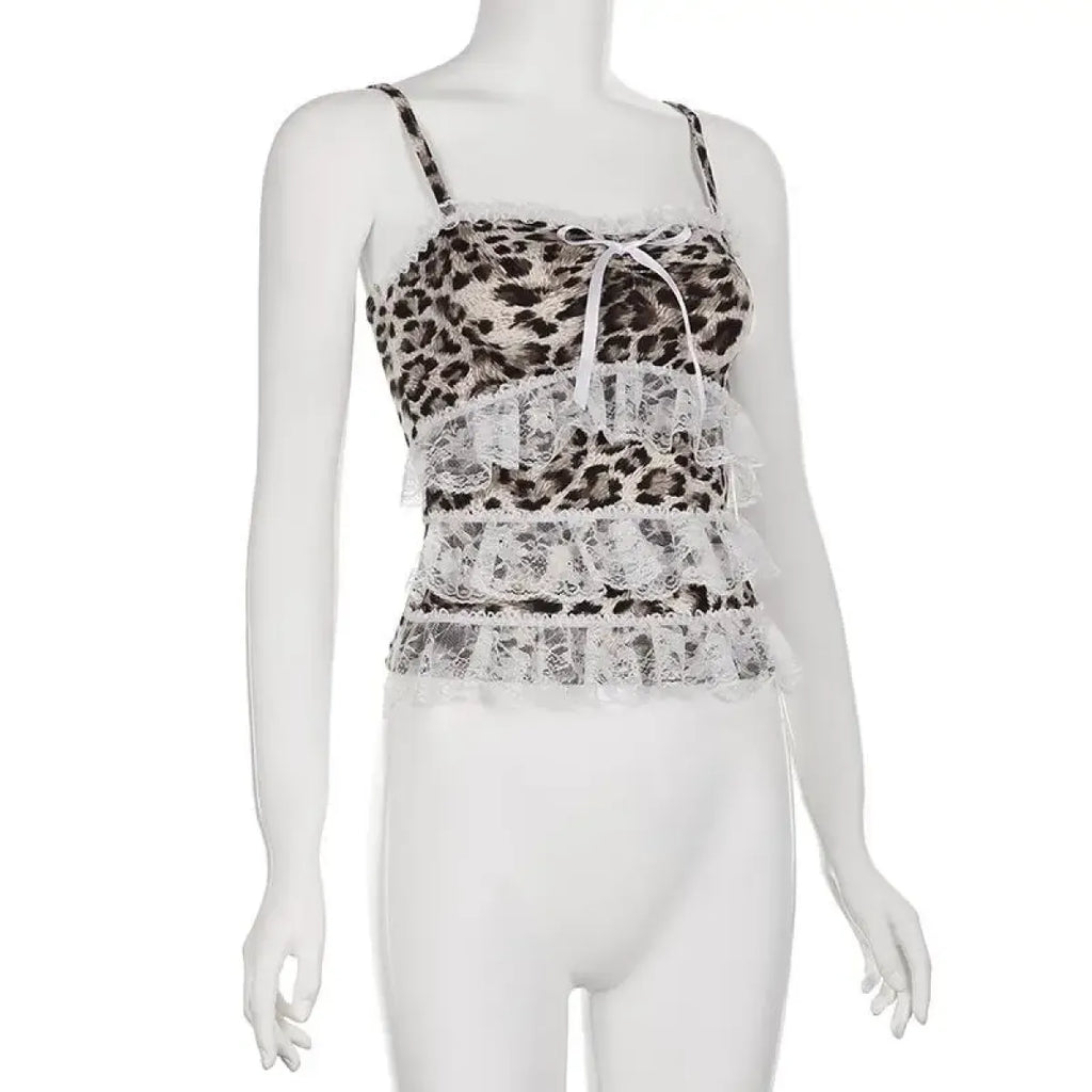 Leopard Print Lace Ruffle Tank Top – Y2K Coquette Cropped Camisole - Women’s Clothing & Accessories - Short