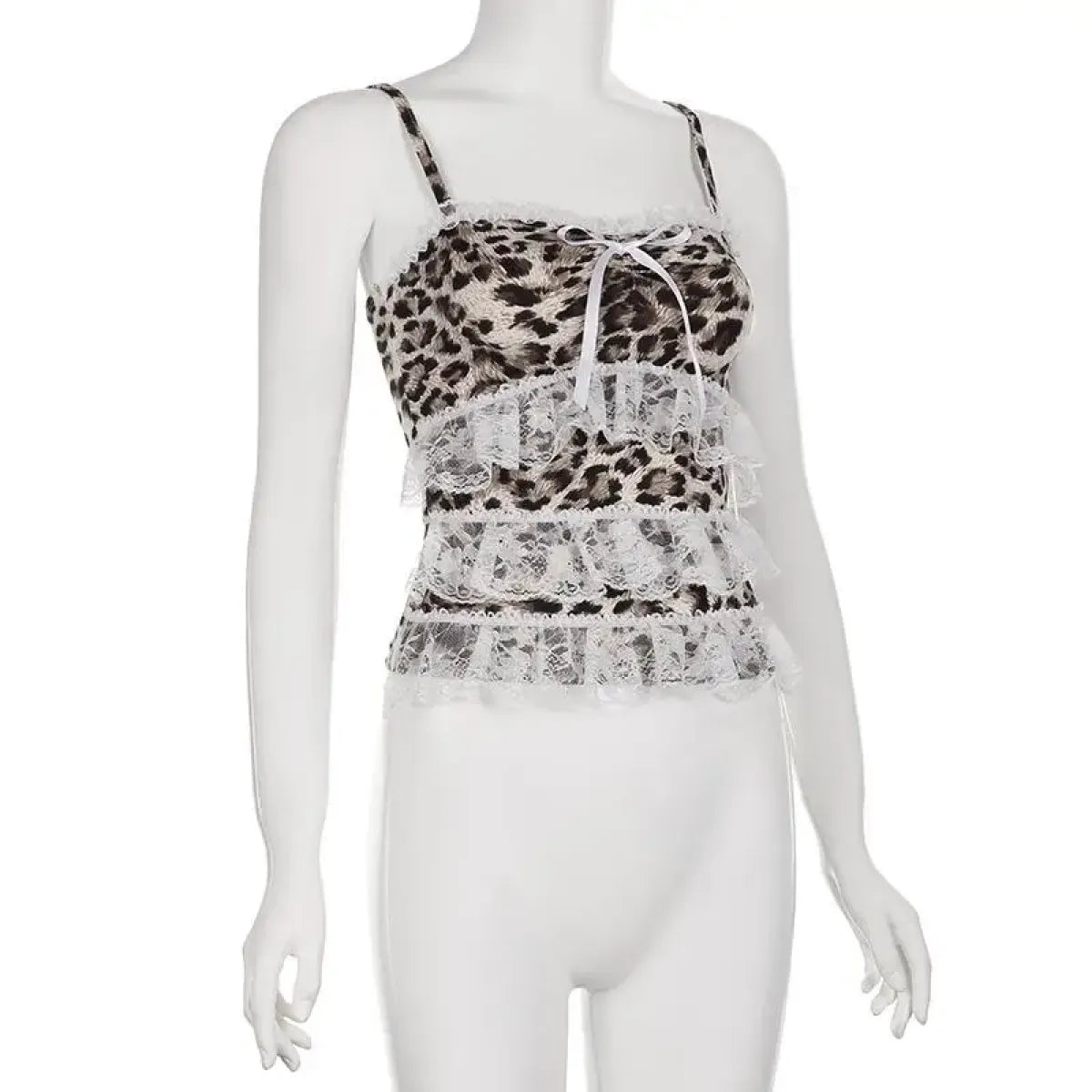 Leopard Print Lace Ruffle Tank Top – Y2K Coquette Cropped Camisole - Women’s Clothing & Accessories - Short