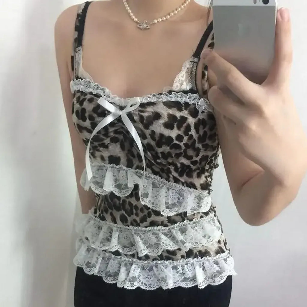 Leopard Print Lace Ruffle Tank Top – Y2K Coquette Cropped Camisole - Women’s Clothing & Accessories - Short