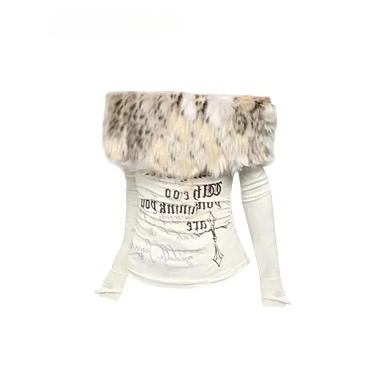 Y2K Coquette Off-Shoulder Top – Faux Fur Trim Long Sleeve - T-Shirts - Round - T-Shirts - 1