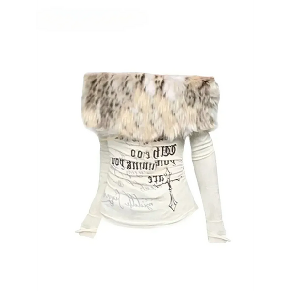Y2K Coquette Off-Shoulder Top – Faux Fur Trim Long Sleeve - T-Shirts - Round - T-Shirts - 1