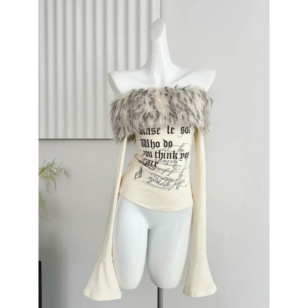 Y2K Coquette Off-Shoulder Top – Faux Fur Trim Long Sleeve - T-Shirts - Round - T-Shirts - 4