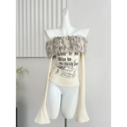 Y2K Coquette Off-Shoulder Top – Faux Fur Trim Long Sleeve - T-Shirts - Round - T-Shirts - 4