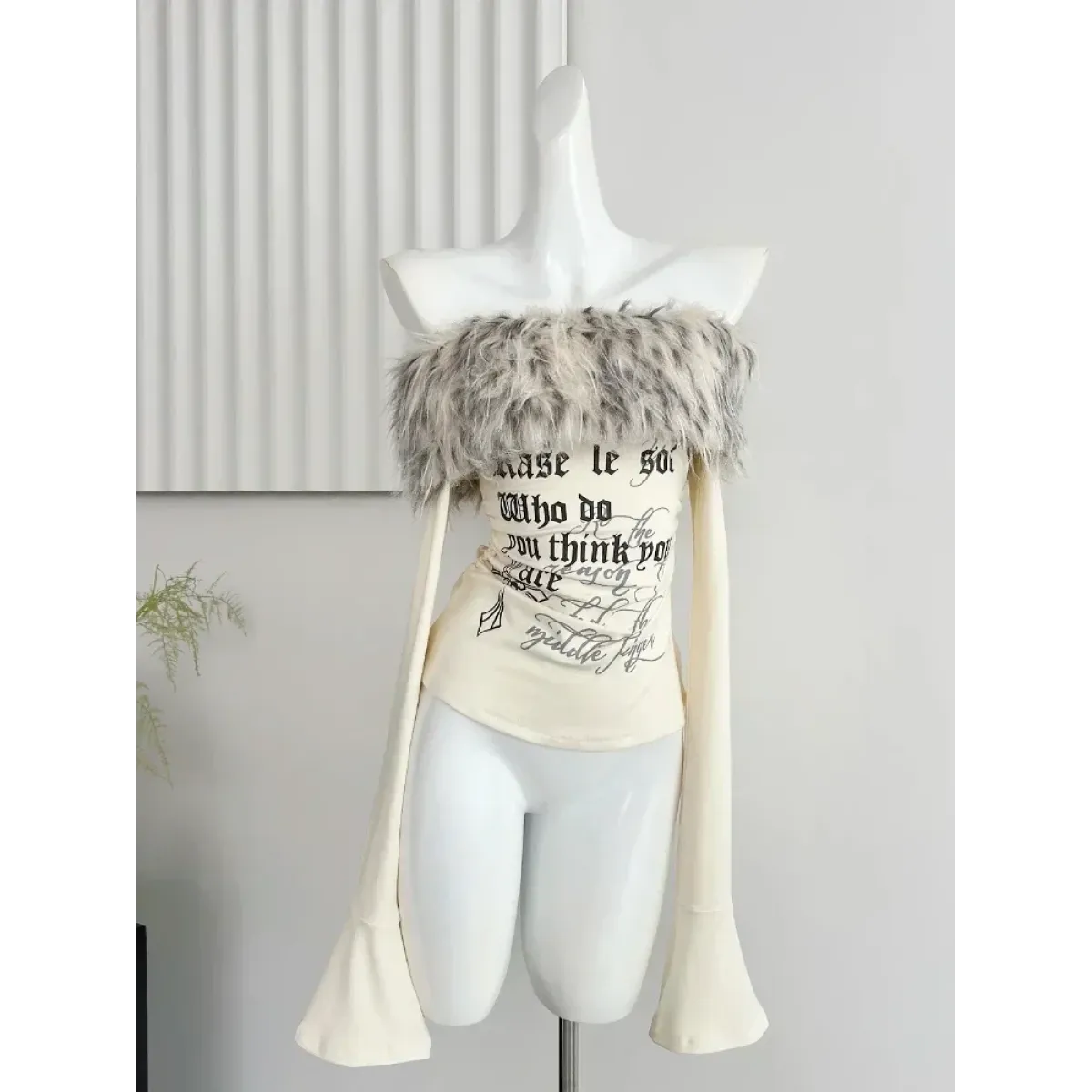 Y2K Coquette Off-Shoulder Top – Faux Fur Trim Long Sleeve - T-Shirts - Round - T-Shirts - 4