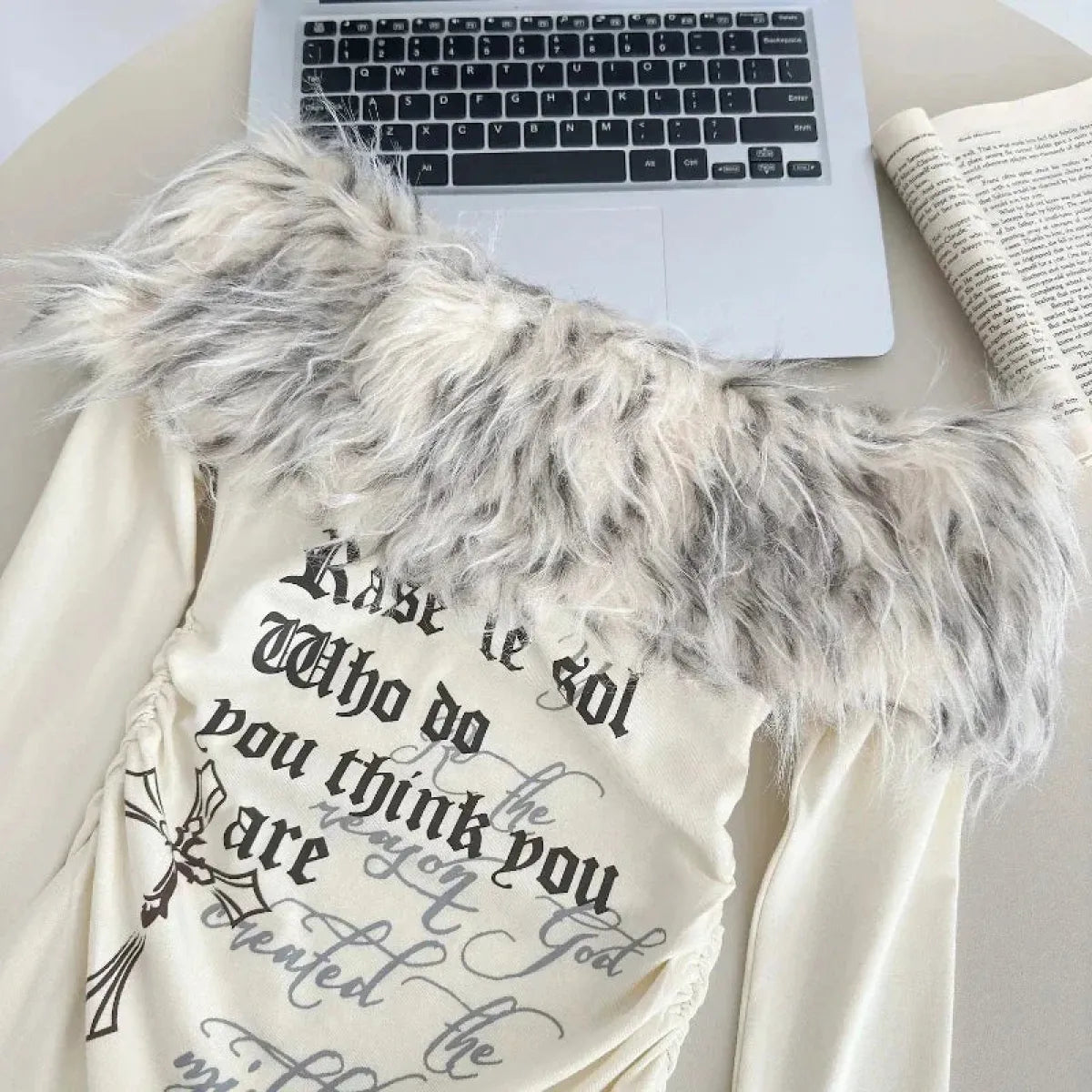 Y2K Coquette Off-Shoulder Top – Faux Fur Trim Long Sleeve - T-Shirts - Round - T-Shirts - 5