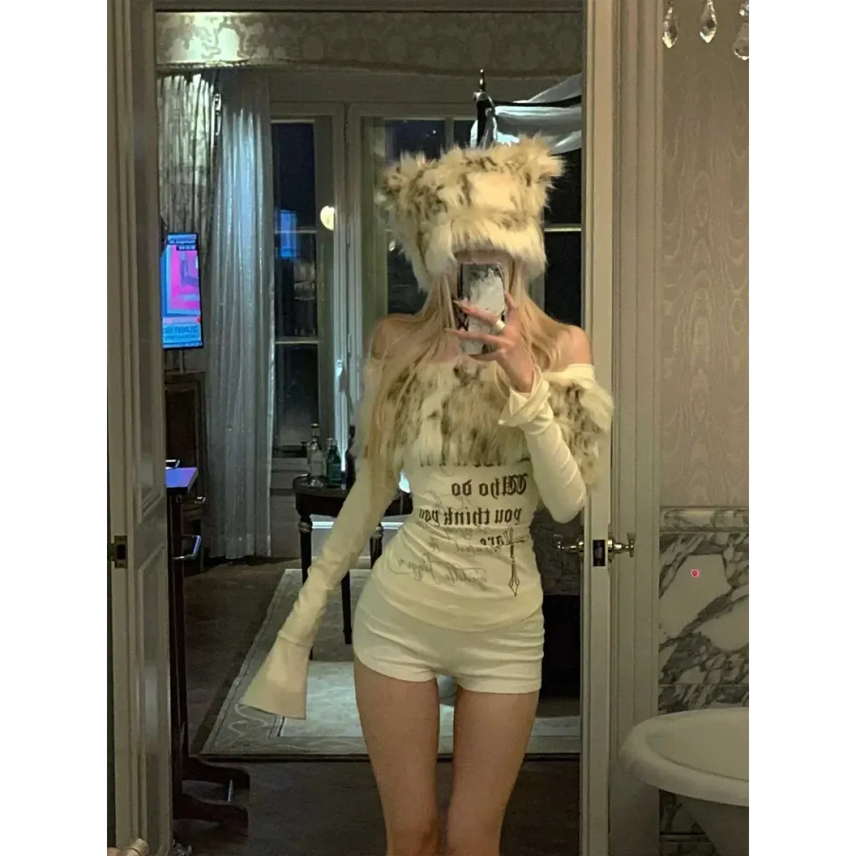 Y2K Coquette Off-Shoulder Top – Faux Fur Trim Long Sleeve - T-Shirts - Round - T-Shirts - 3