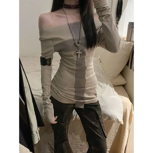 Y2K Cross Patchwork Off-Shoulder Long Sleeve Top - Harajuku Style - T-Shirt - 1