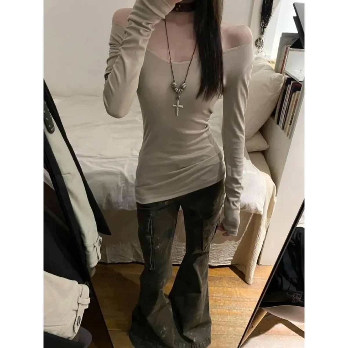 Y2K Cross Patchwork Off-Shoulder Long Sleeve Top - Harajuku Style - T-Shirt - 3