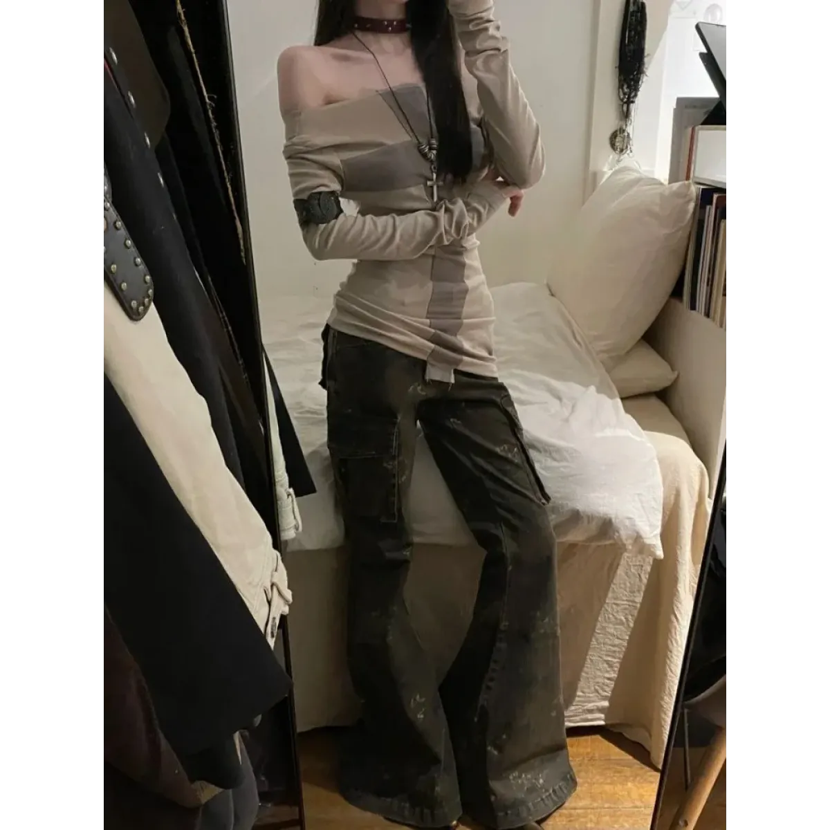 Y2K Cross Patchwork Off-Shoulder Long Sleeve Top - Harajuku Style - T-Shirt - 4