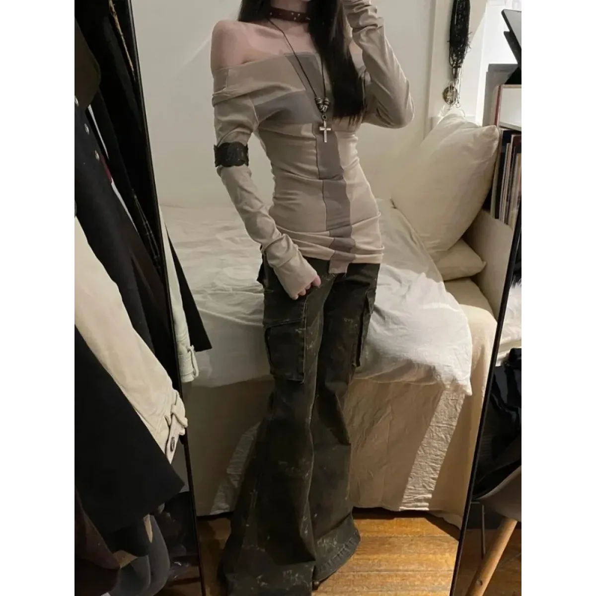 Y2K Cross Patchwork Off-Shoulder Long Sleeve Top - Harajuku Style - T-Shirt - 5