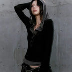 Patchwork Hooded Top – Y2K Cyber Grunge Slim Fit Knit Pullover - Sweaters - Long - Tops - 5