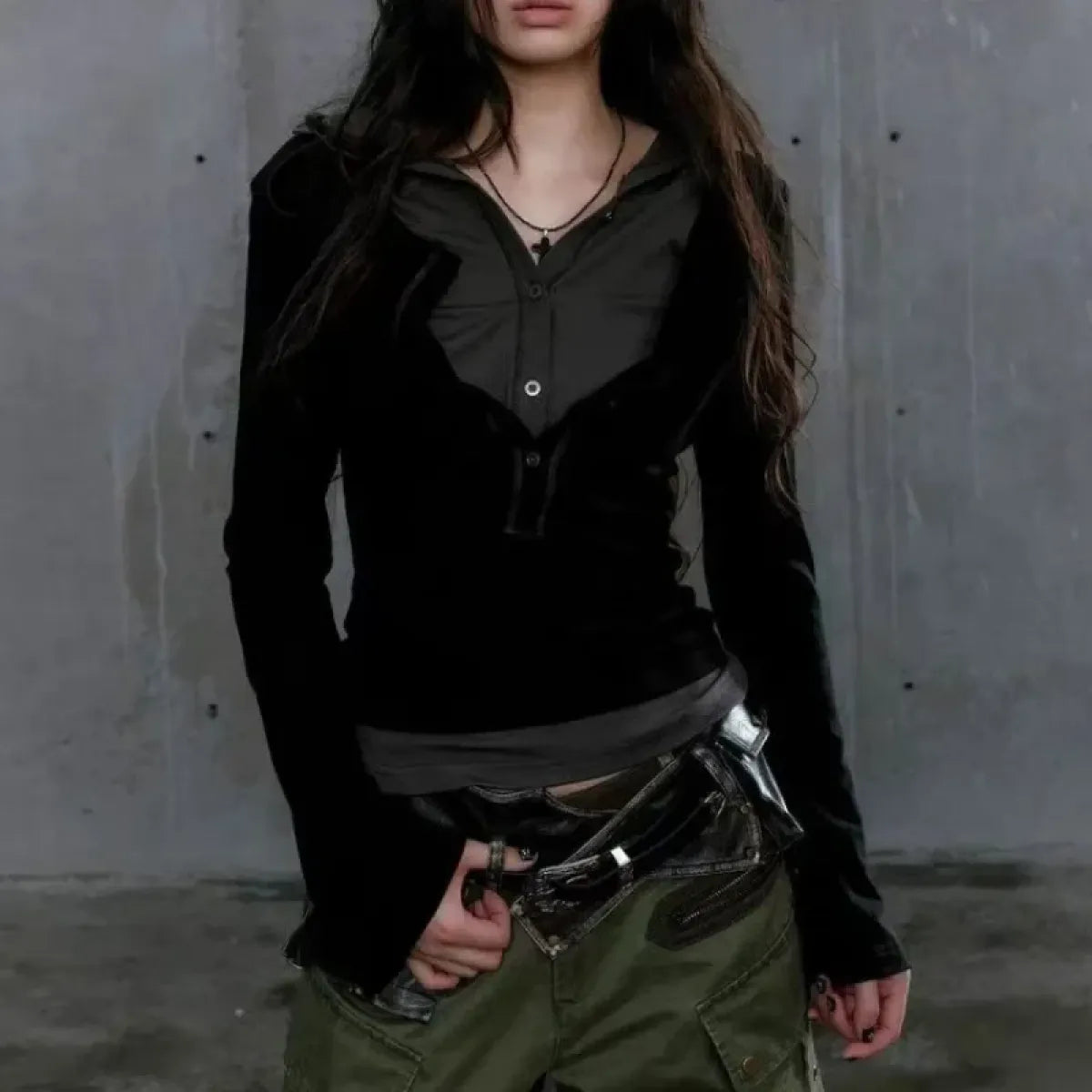 Patchwork Hooded Top – Y2K Cyber Grunge Slim Fit Knit Pullover - Sweaters - Long - Tops - 3