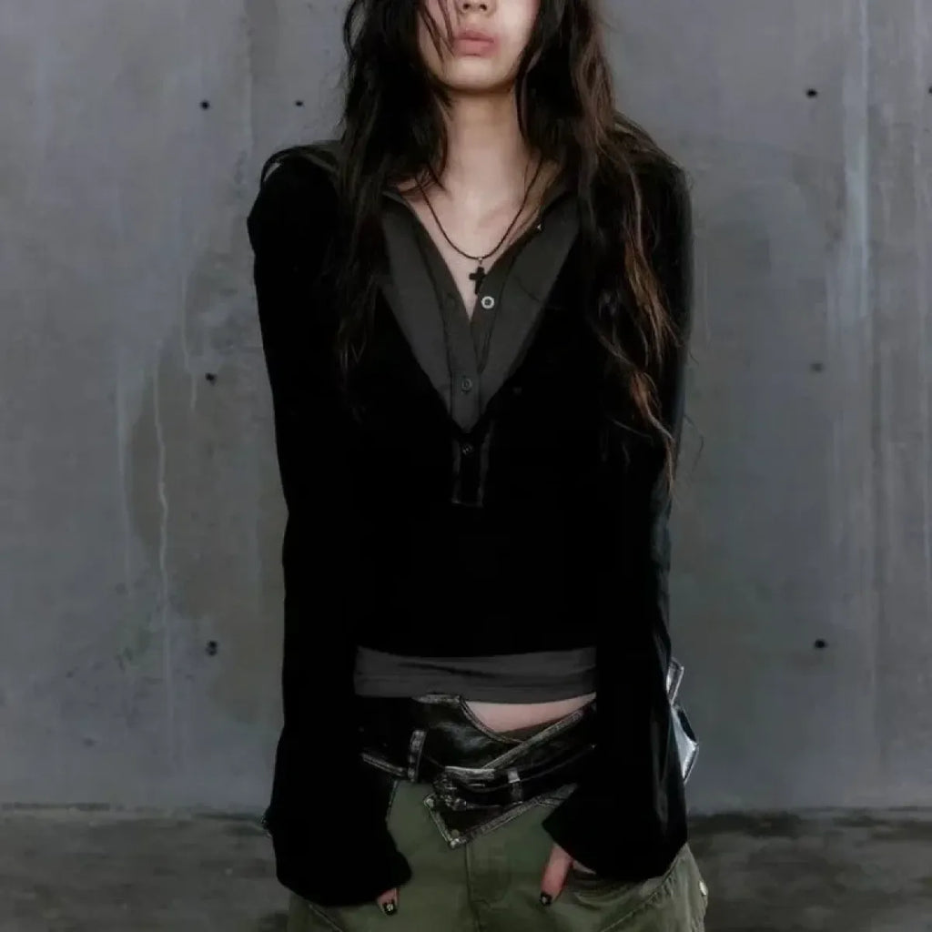 Patchwork Hooded Top – Y2K Cyber Grunge Slim Fit Knit Pullover - Sweaters - Long - Tops - 4