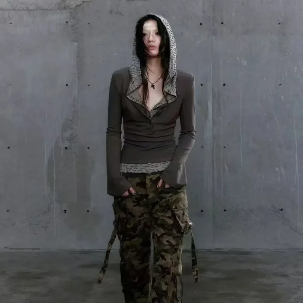 Patchwork Hooded Top – Y2K Cyber Grunge Slim Fit Knit Pullover - Sweaters - Long - Tops - 2