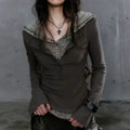 Patchwork Hooded Top – Y2K Cyber Grunge Slim Fit Knit Pullover - Sweaters - Long - Tops - 6