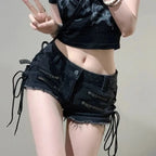 Y2K Lace-Up Zipper Denim Hot Pants - Bottoms - Shorts - 1