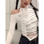 Lace Patchwork Off-Shoulder Top – Y2K Elegant Long Sleeve - Women’s Clothing & Accessories - Long - Other - Tops - 1