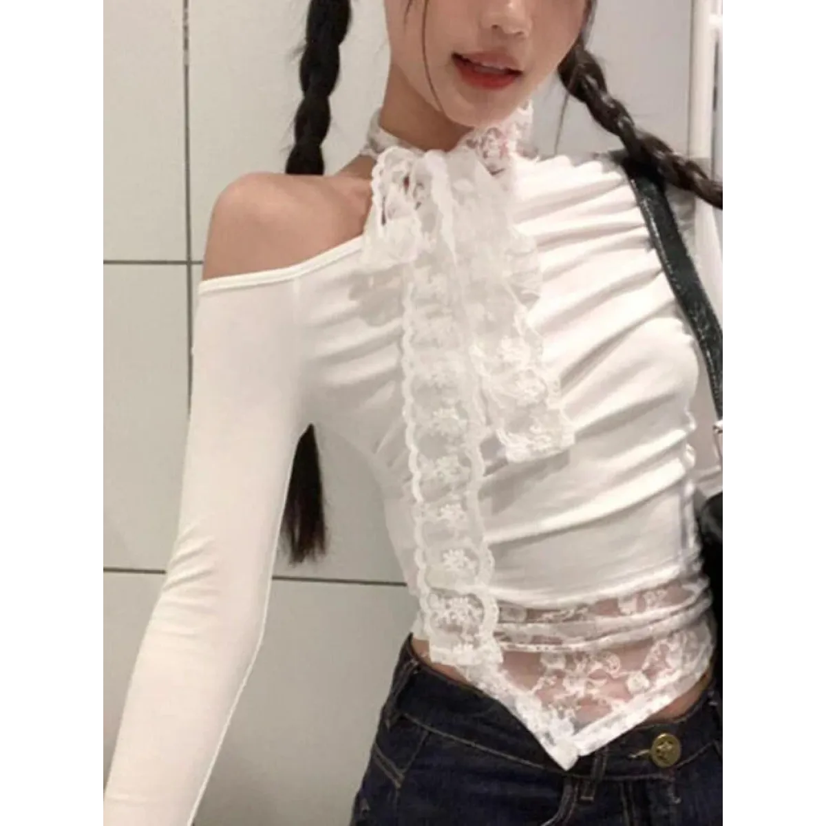 Lace Patchwork Off-Shoulder Top – Y2K Elegant Long Sleeve - Women’s Clothing & Accessories - Long - Other - Tops - 1