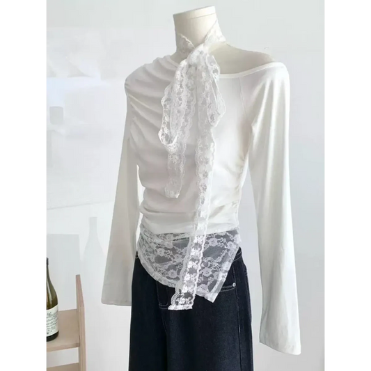 Lace Patchwork Off-Shoulder Top – Y2K Elegant Long Sleeve - Women’s Clothing & Accessories - Long - Other - Tops - 2
