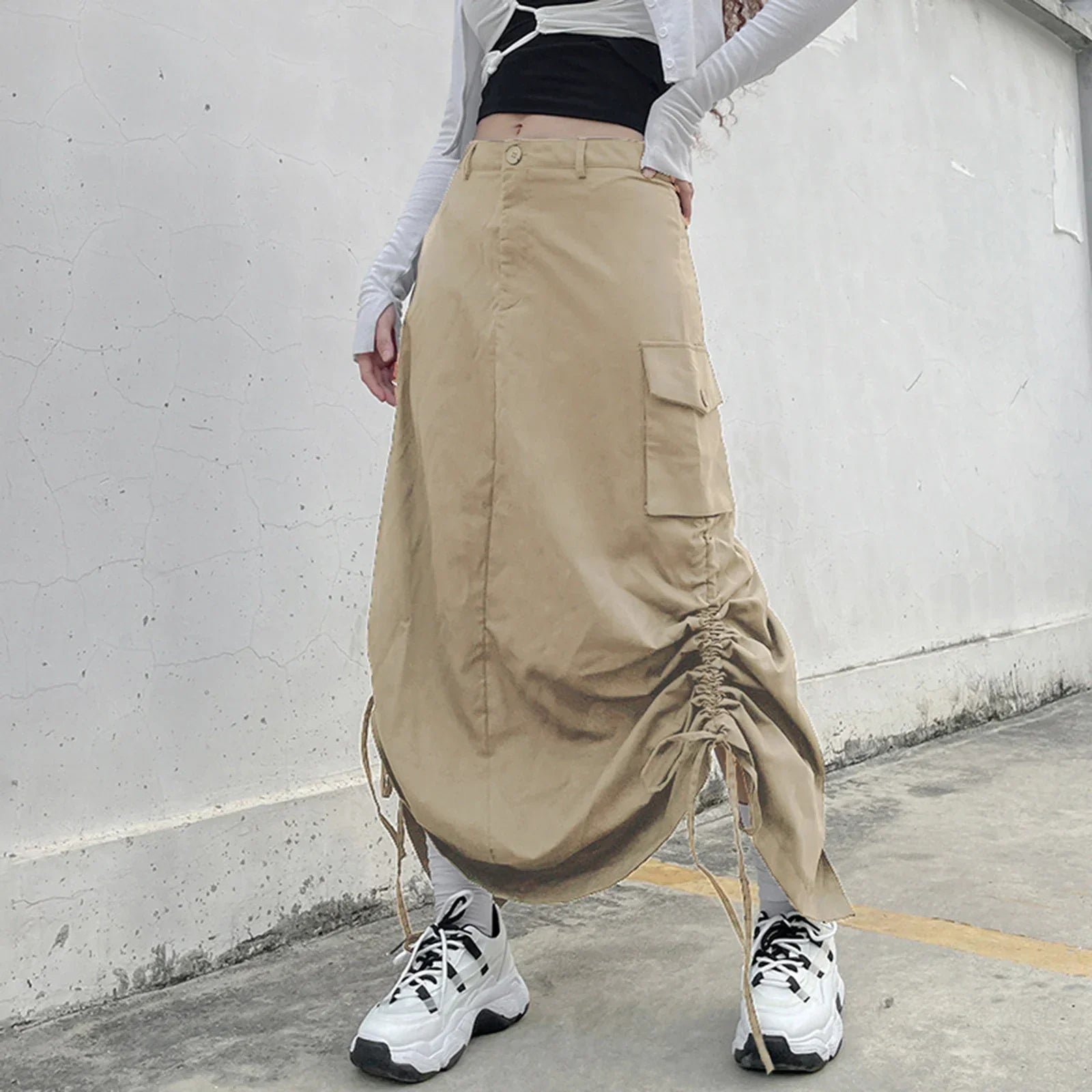 Y2K Fairy Grunge Adjustable Length Drawstring Cargo Skirt - Khaki / S - Bottoms - Skirts - 9 - 2024