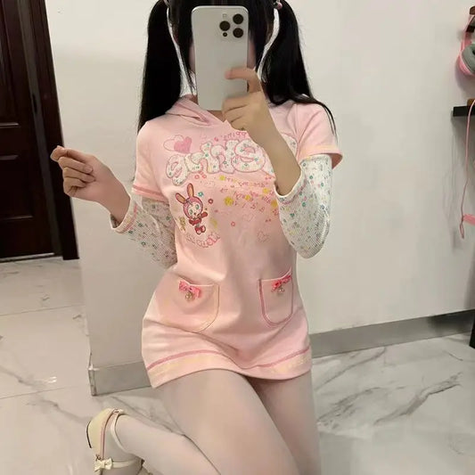 Kawaii Hoodie Dress – Y2K Fairycore Cartoon Print - Pink / S - All Dresses - 2025 - 7 - Worldwide Shipping