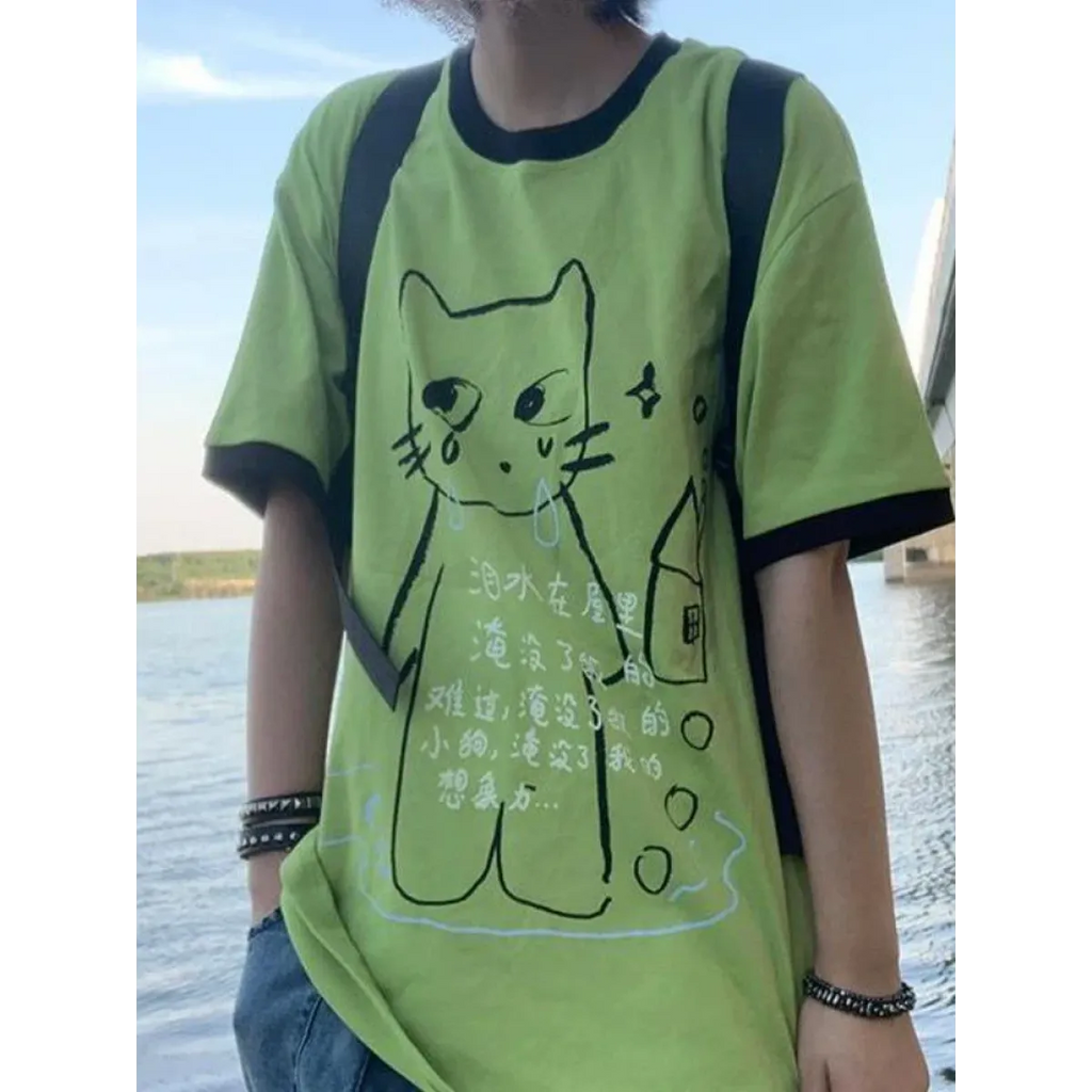 Green Harajuku Cat Print T-Shirt – Y2K Fairycore Grunge Tee - T-Shirts - Short - Crew - Unisex T-Shirts - 4