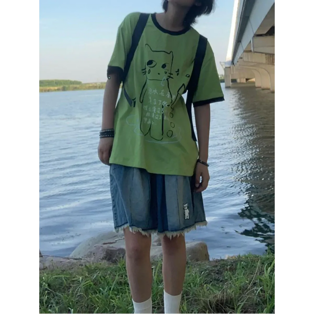 Green Harajuku Cat Print T-Shirt – Y2K Fairycore Grunge Tee - T-Shirts - Short - Crew - Unisex T-Shirts - 5
