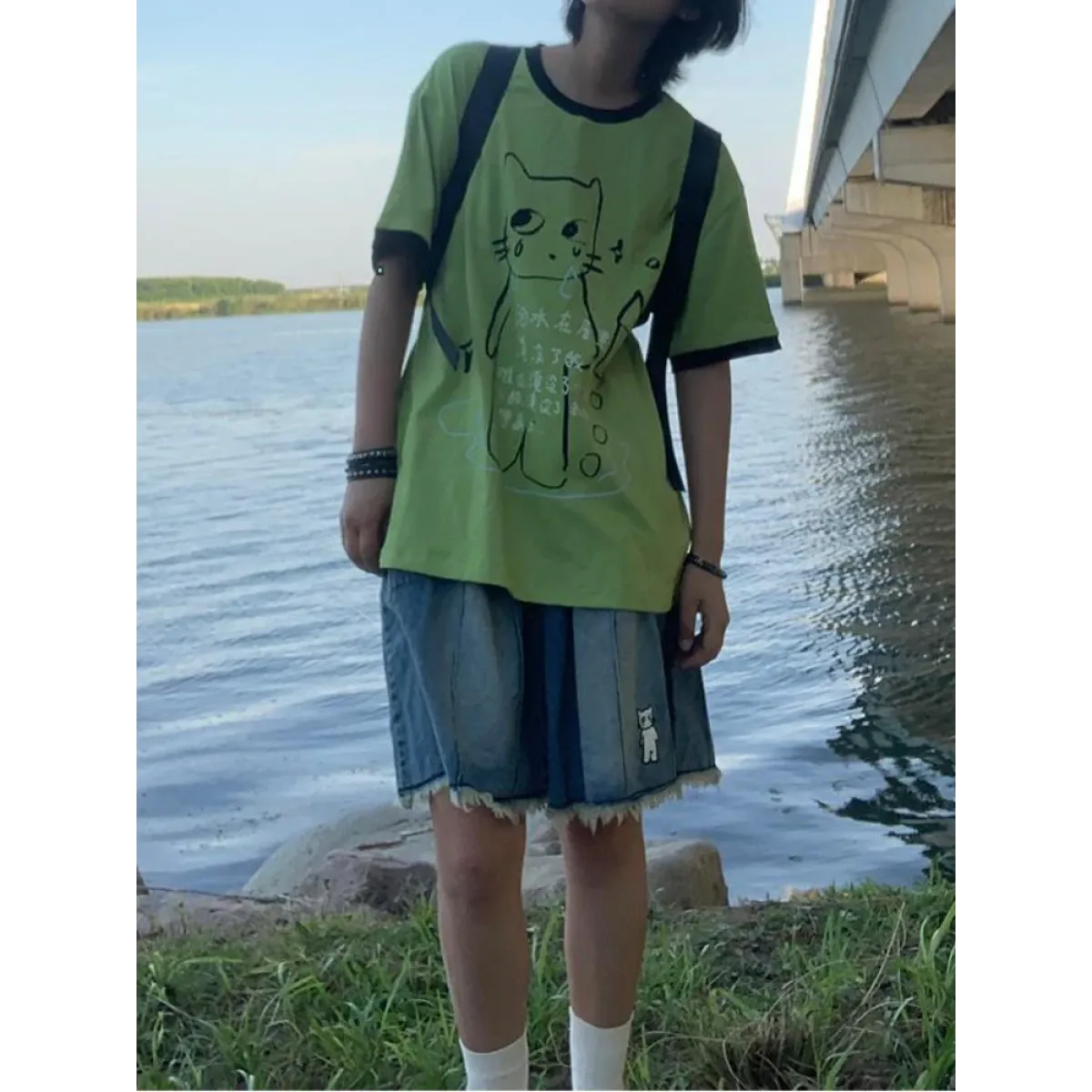 Green Harajuku Cat Print T-Shirt – Y2K Fairycore Grunge Tee - T-Shirts - Short - Crew - Unisex T-Shirts - 5