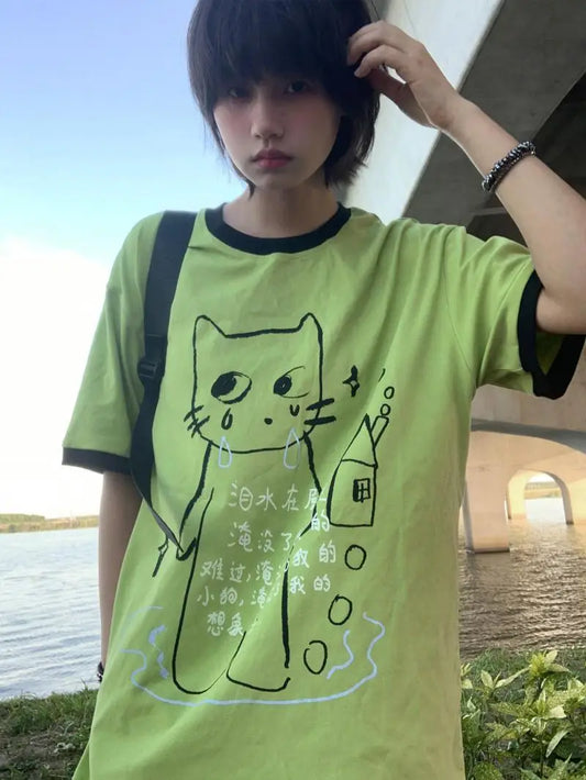 Green Harajuku Cat Print T-Shirt – Y2K Fairycore Grunge Tee - Green / S - T-Shirts - T-Shirts - 2025 - 6 - Worldwide