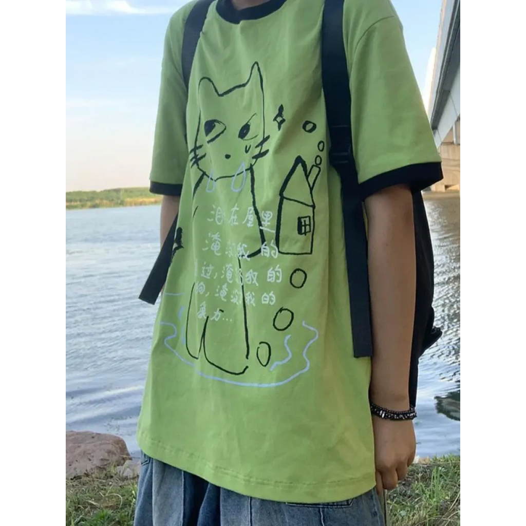 Green Harajuku Cat Print T-Shirt – Y2K Fairycore Grunge Tee - T-Shirts - Short - Crew - Unisex T-Shirts - 1
