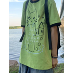 Green Harajuku Cat Print T-Shirt – Y2K Fairycore Grunge Tee - T-Shirts - Short - Crew - Unisex T-Shirts - 1